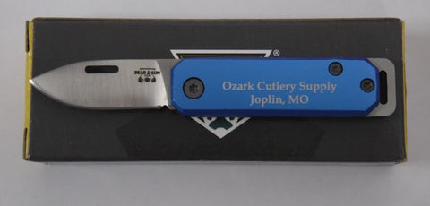 Bear & Son Knife 109BL Blue Aluminum Slip Joint 2 1/2" Ozark Cutlery Supply Logo USA Made