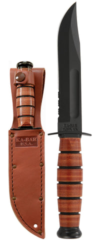 Ka-Bar Knife 1261 Short Brown Serrated Leather Tactical Fixed Blade USA