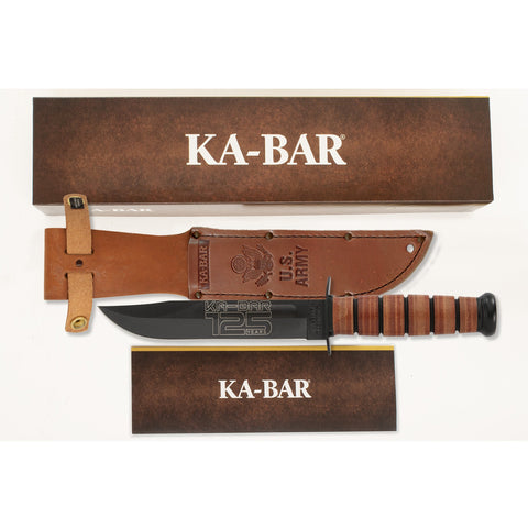 Ka-Bar Knife 9225 Full Sized ARMY 125th Anniversary Leather Handle Tactical Fixed Blade USA