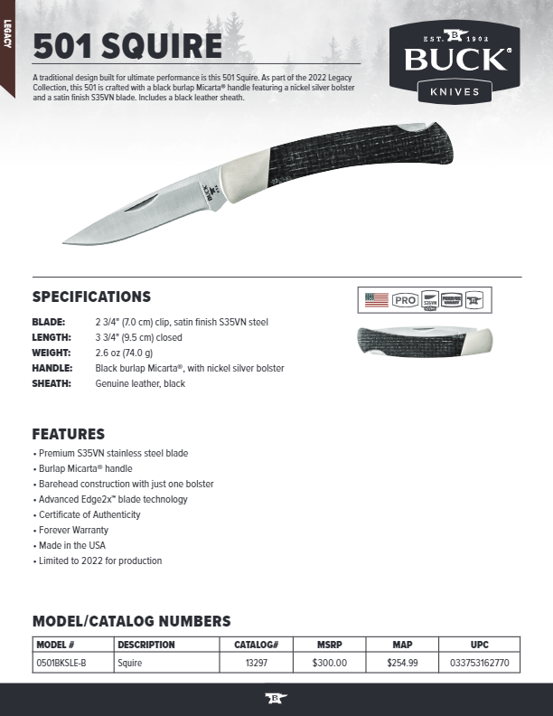 Buck 0501BKSLE 501 Squire Limited Edition Knife 2022 Legacy Collection –  OzarkCutlery