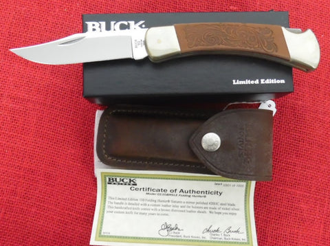 Buck 0110BRSLE 110 Folding Hunter Knife Scrolled Leather Handle 2008 Limited Edition USA NEW in Box Lot#110-12