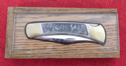 Buck 0110 110 Folding Hunter Knife 1984 Pewter Deer Scene 110-123