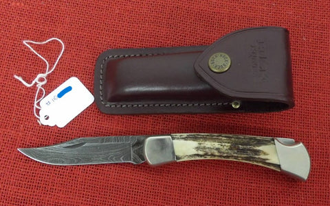 Buck 0110DM 110 Stag Damascus Folding Hunter Knife USA Made 1990 Lot#110-233