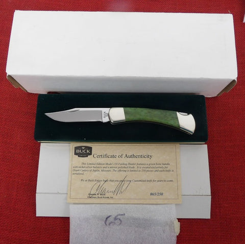 Buck 0110 110 Folding Hunter Green Bone Nickel Silver Mirror Polished Knife 2008 SN#65 Lot#110-221