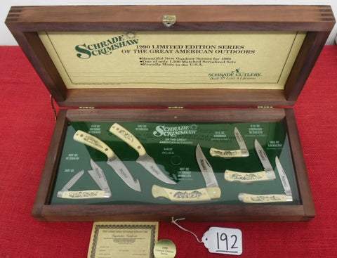 Schrade Knife 7 pc 1990 Great American Outdoors Limited Edition 1 of 1500 Scrimshaw Set Lot#192