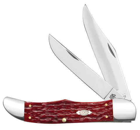 Case 31960 Folding Hunter 2 Blade Knife Dark Red Jig Bone Carbon Steel Leather Sheath USA 6265 CS