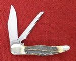 Boker 114021S Stag Folding Hunter Duo 2 Blade Knife w/ Saw Double Lockback Germany 440C