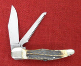 Boker 114021S Stag Folding Hunter Duo 2 Blade Knife w/ Saw Double Lockback Germany 440C