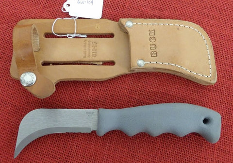 Buck 810 TLC Knife 1st Year Utility Hawkbill Knife Grey Handle w/ Leather Sheath USA 1992