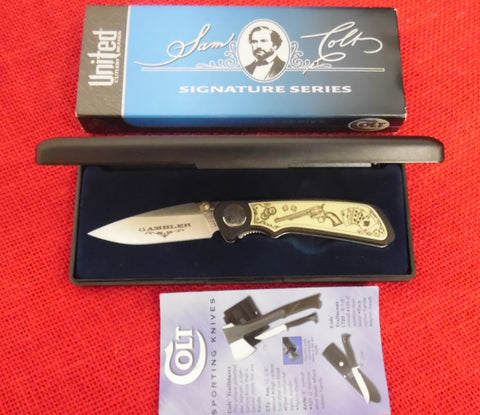 Colt Knife CT-53-G Scrimshaw Gun Gambler CT-36 Liner Lock Pocket Knife Early 2000's Cards Ace's and Eight's