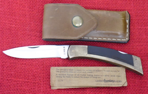 Gerber Folding Sportsman II Drop Point Knife Brass/Wood Inserts USA 1974 Lot#MK-34