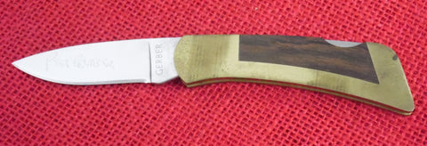 Gerber 6101 Folding Sportsman I Knife Pete Gerber Hand Signed Brass/Wood Inserts USA Made UNUSED Lot#MK-39