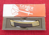 Gerber 6201 Folding Sportsman II Knife Brass/Wood Inserts USA Made 1980's UNUSED in BOX Lot#MK-35