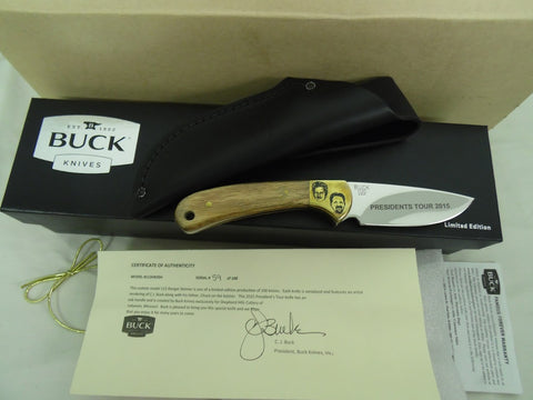 Buck 0113OKSSH 113 Fixed Ranger Skinner Knife 2015 President's Tour Limited Edition Oak Handle CJ Signed Chuck Picture Bolster