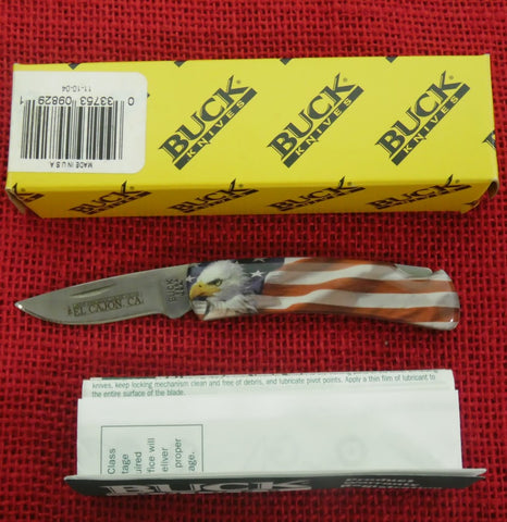 Buck 0525 525-LSP 525AM American Flag Eagle Overylay Gent Lock Back Knife USA Last Production Year El Cajon  2004