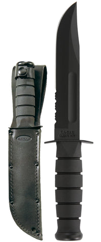 Ka-Bar Knife 1212 Full Sized Serrated Black Fixed Blade Kraton G Leather Sheath 1095 Blade USA