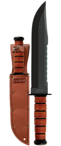 Ka-Bar Knife 2217 Big Brother Leather Fixed Blade 1095 Blade w/ Top Edge Serrations USA Made